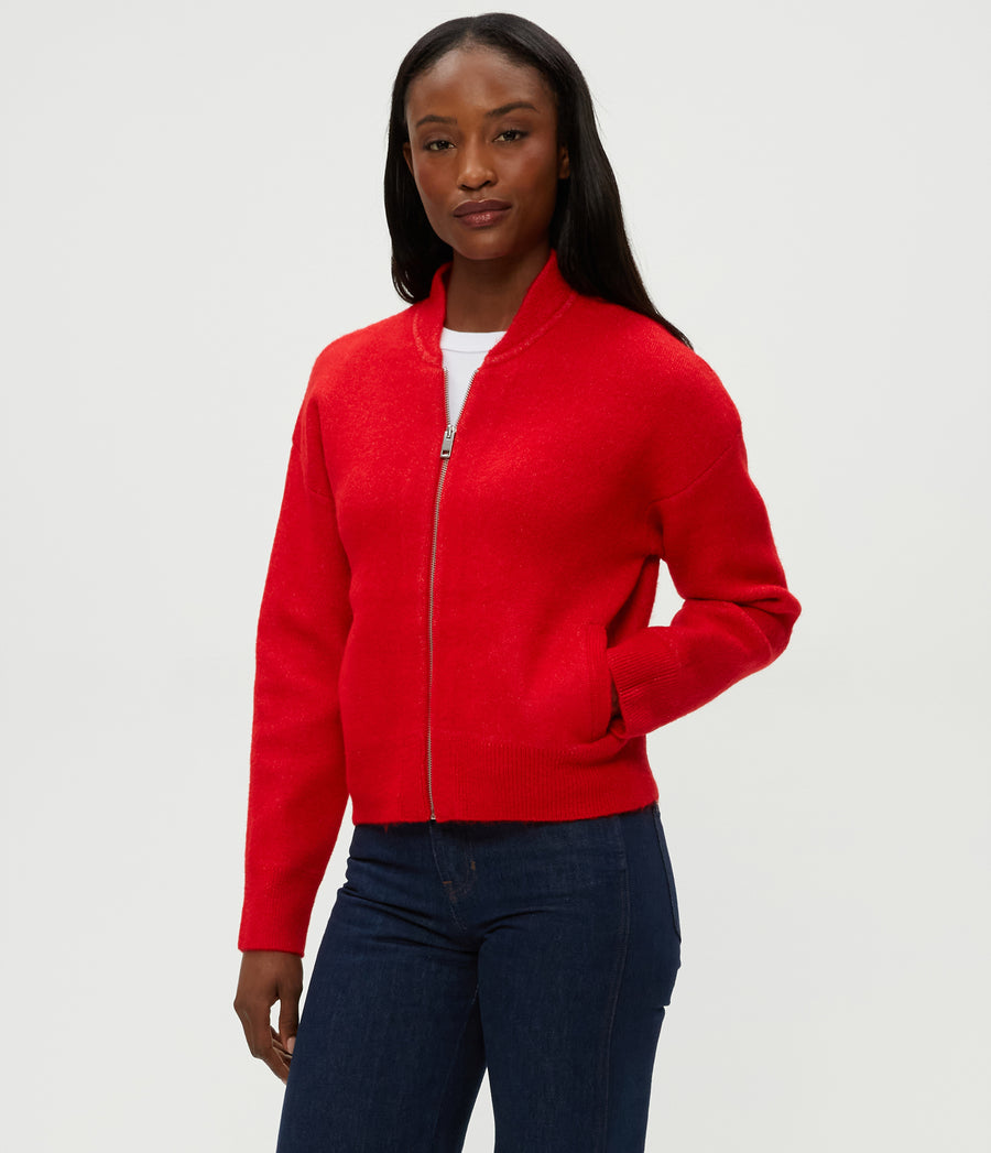 Lidia Cropped Bomber Jacket in POPPY RED Combo Side View #POPPY