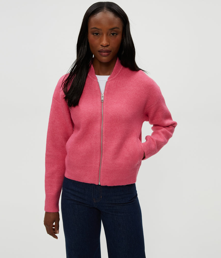 Lidia Cropped Bomber Jacket in TAFFY Pink Close Up View #TAFFY