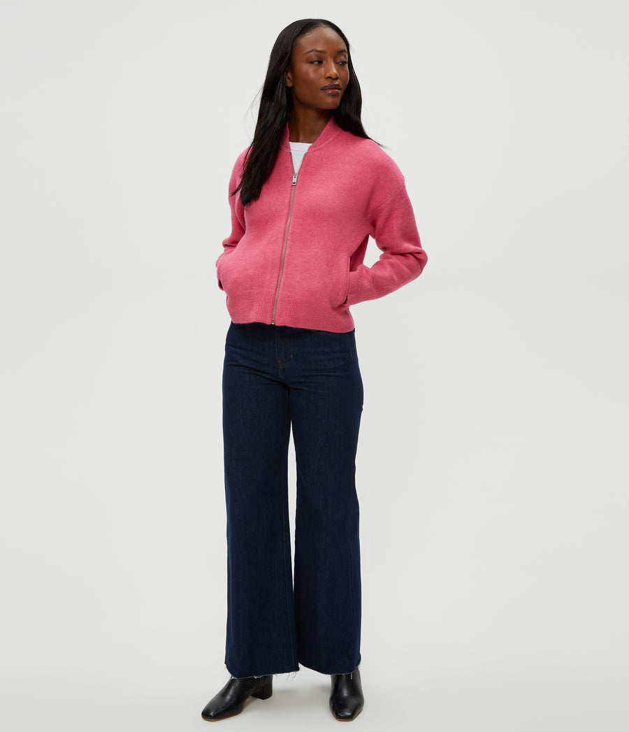 Lidia Cropped Bomber Jacket in TAFFY Pink Full Body View #TAFFY