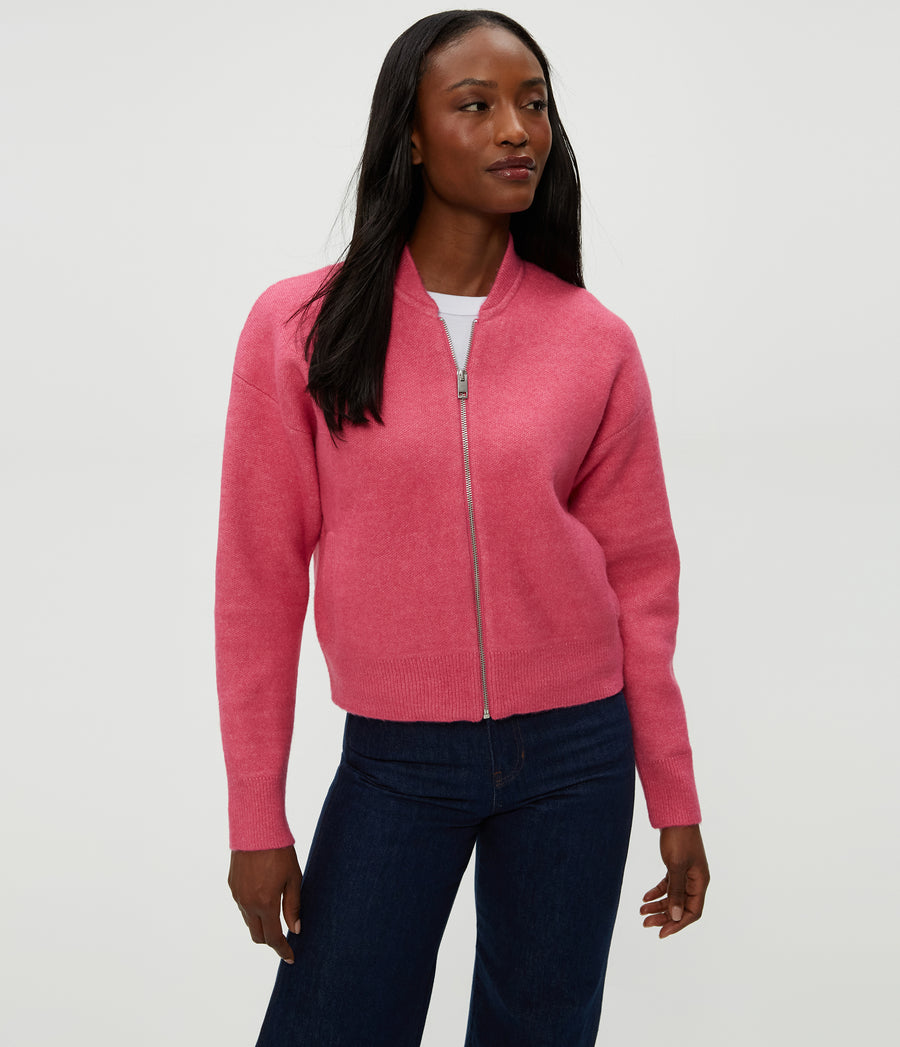 Lidia Cropped Bomber Jacket in TAFFY Pink Side View #TAFFY