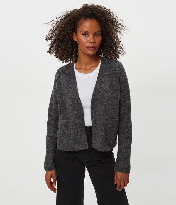Drea Cardigan in Charcoal Grey Close up View #CHARCOAL