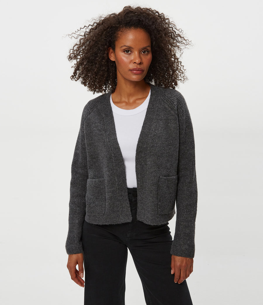 Drea Cardigan in Charcoal Grey Close up View #CHARCOAL