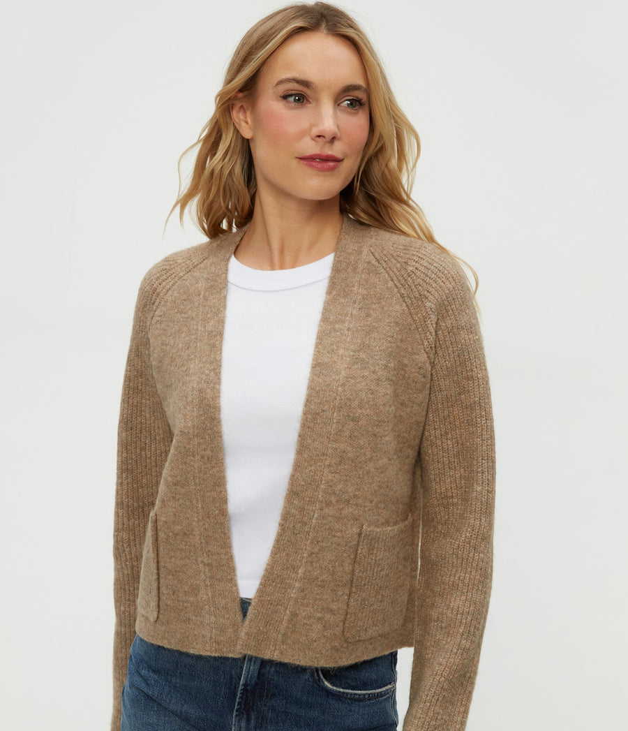 Drea Cardigan in Dark Oatmeal Beige Close Up View#DARK OATMEAL