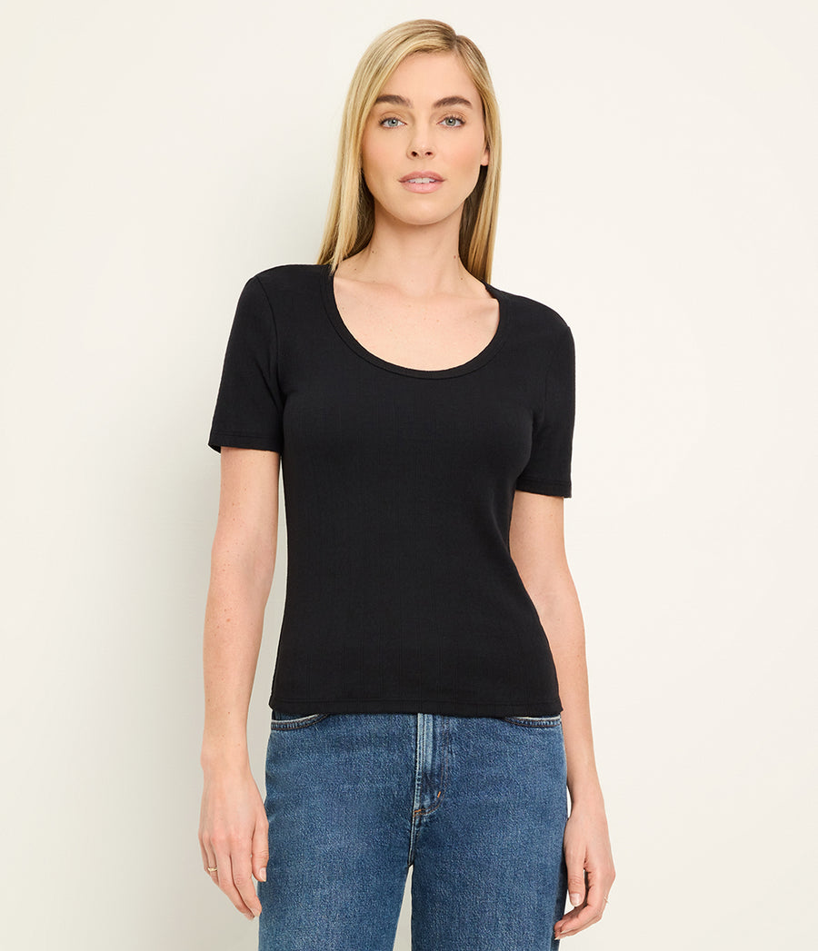 Cecile Crewneck Tee in Black Close up View #BLACK