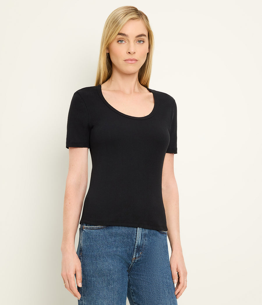 Cecile Crewneck Tee in Black Close up View #BLACK