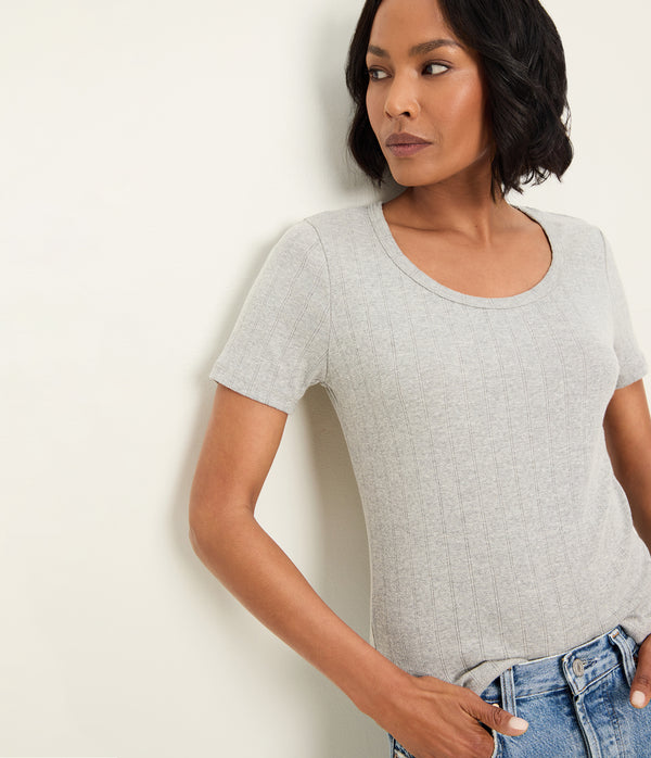 Cecile Crewneck Tee in Heather Grey Grey Close Up View #HEATHER GREY