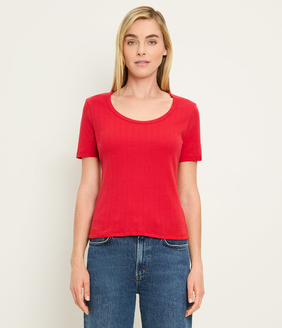 Cecile Crewneck Tee in LACQUER RED Close up View #LACQUER