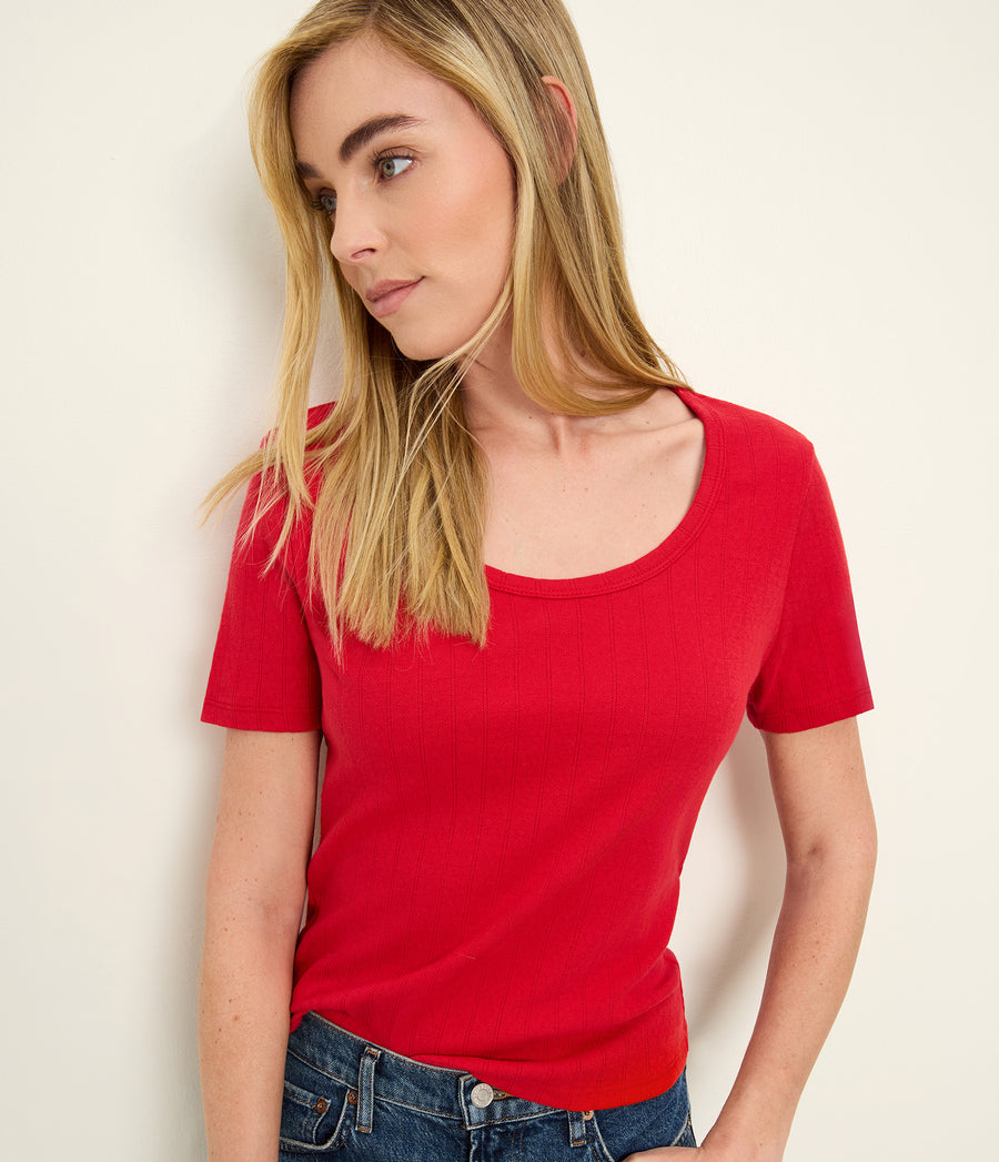 Cecile Crewneck Tee in LACQUER RED Close up View #LACQUER