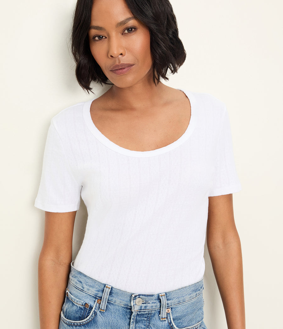 Cecile Crewneck Tee in White Close up View #WHITE