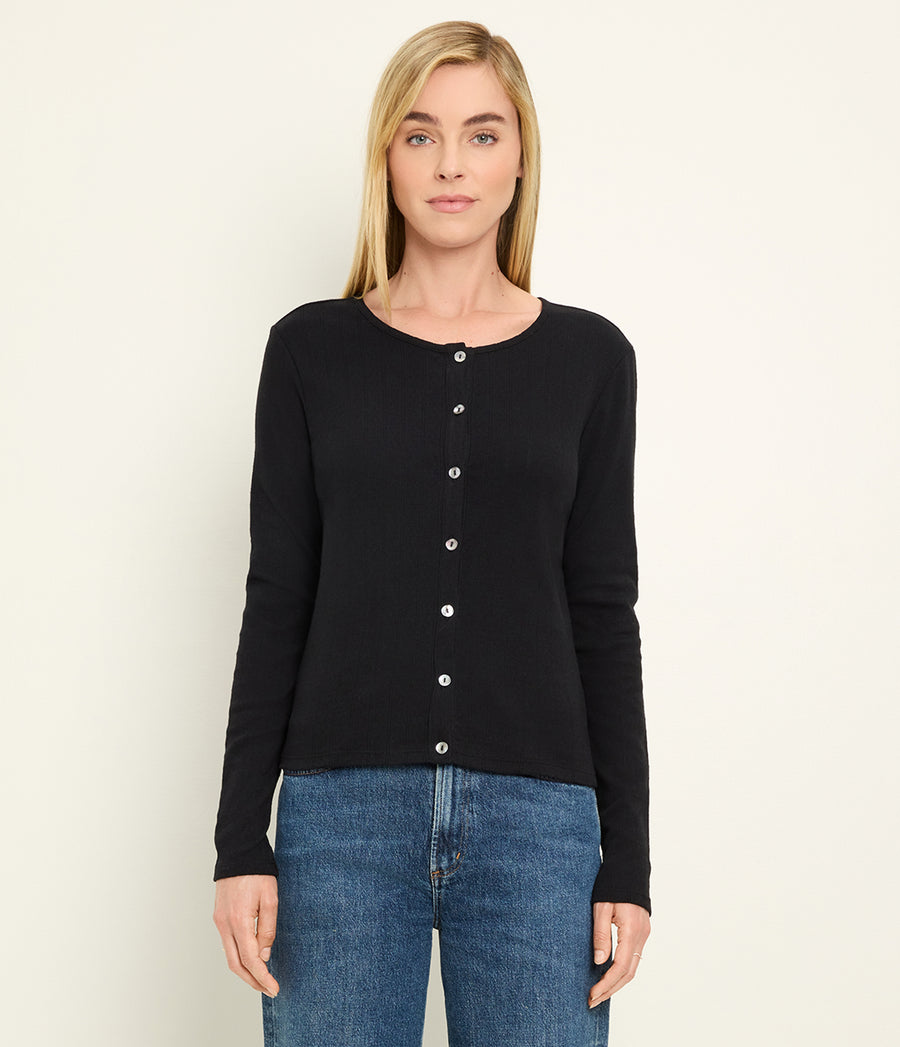 Mackenzie Pointelle Cardigan in Black Close up View #BLACK