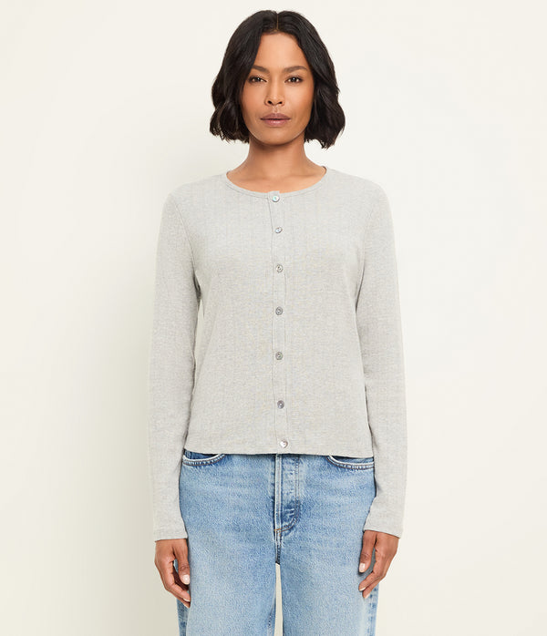 Mackenzie Pointelle Cardigan in Heather Grey Grey Close Up View #HEATHER GREY