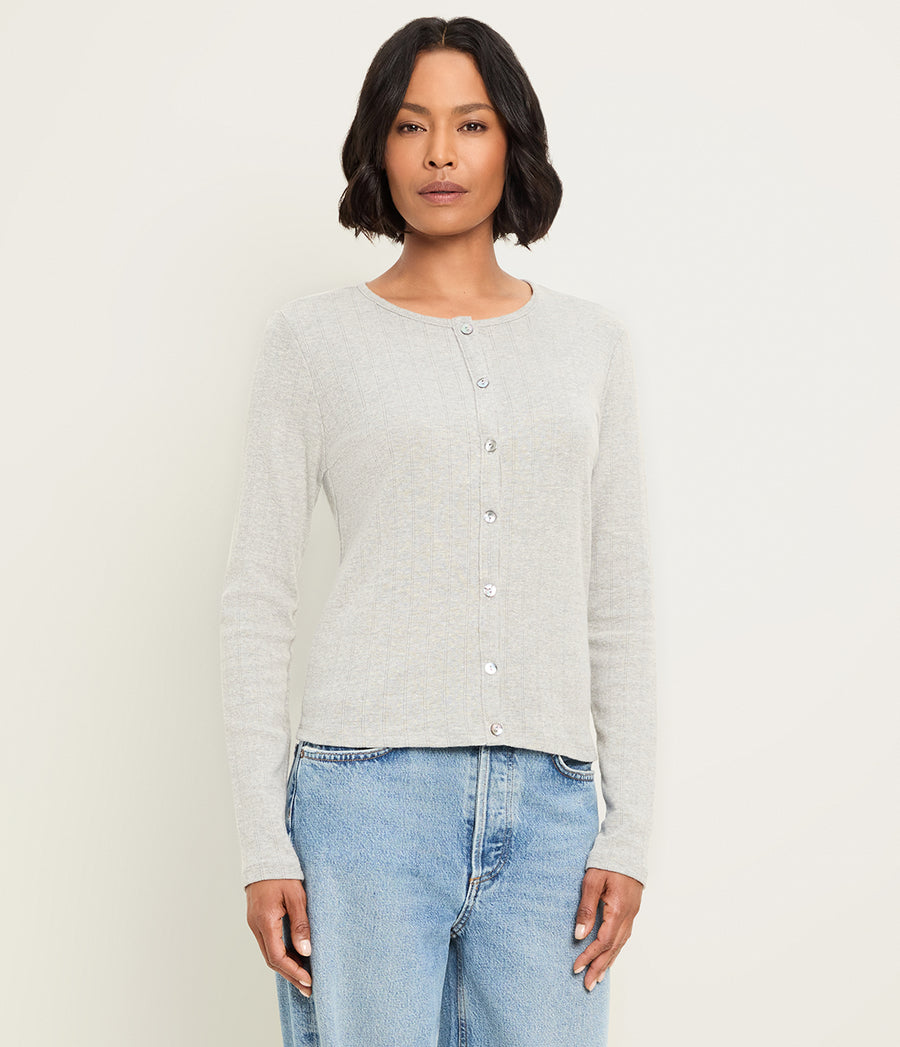 Mackenzie Pointelle Cardigan in Heather Grey Grey Full Body View #HEATHER GREY