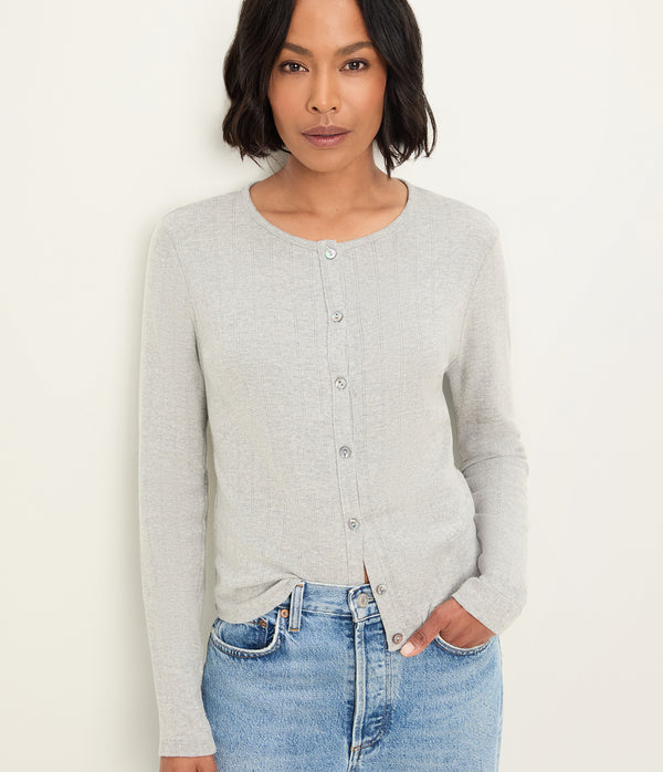 Mackenzie Pointelle Cardigan in Heather Grey Grey Close Up View #HEATHER GREY
