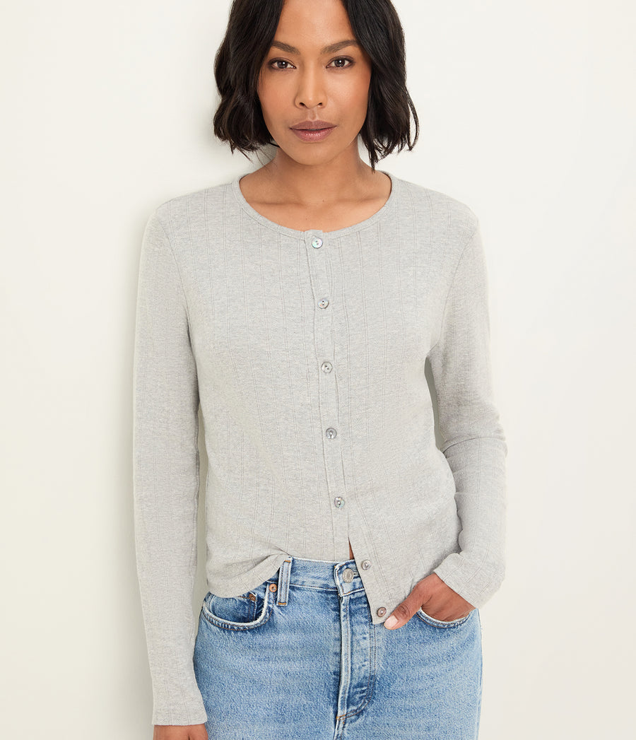 Mackenzie Pointelle Cardigan in Heather Grey Grey Close Up View #HEATHER GREY
