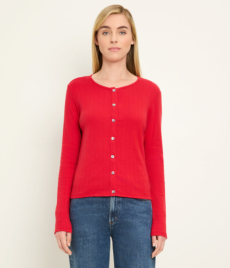 Mackenzie Pointelle Cardigan in LACQUER RED Full Body View #LACQUER