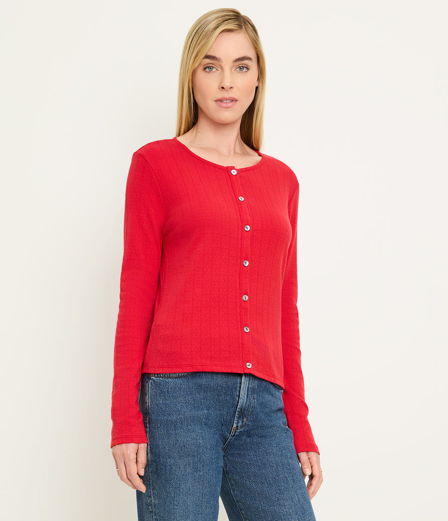 Mackenzie Pointelle Cardigan in LACQUER RED Side View #LACQUER