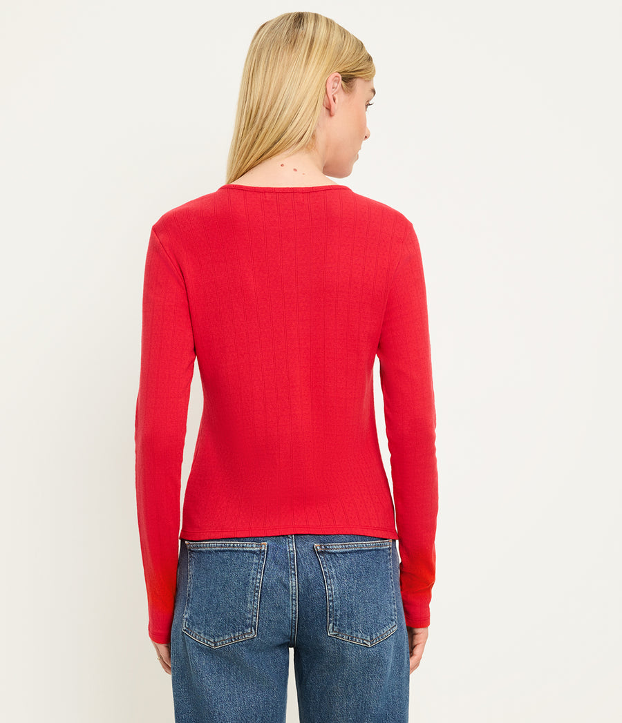 Mackenzie Pointelle Cardigan in LACQUER RED Back View #LACQUER