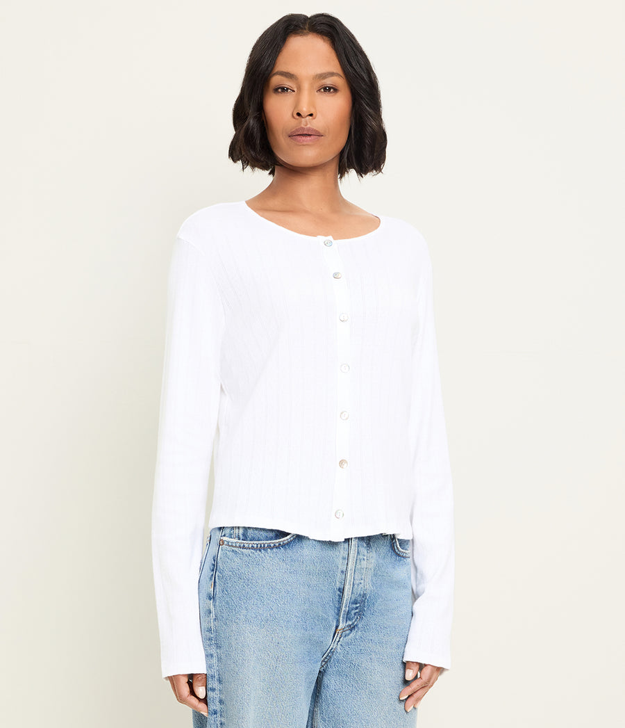 Mackenzie Pointelle Cardigan in White Close up View #WHITE
