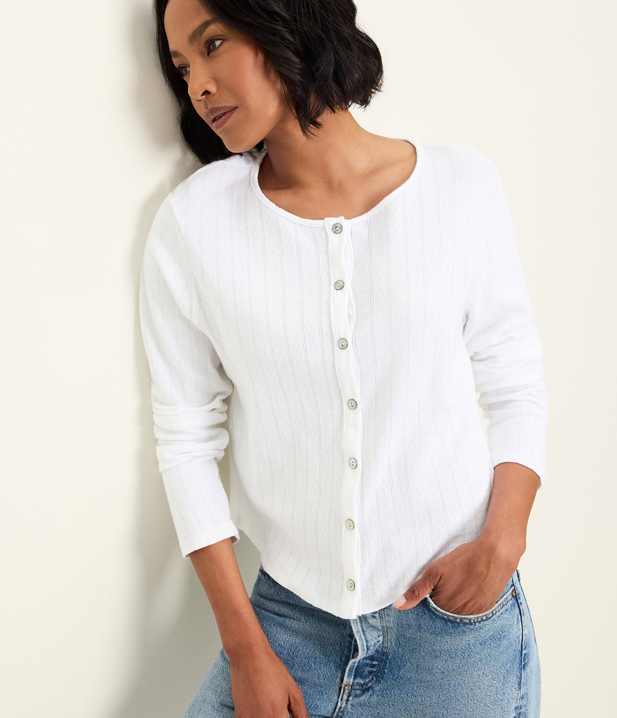 Mackenzie Pointelle Cardigan in White Close up View #WHITE