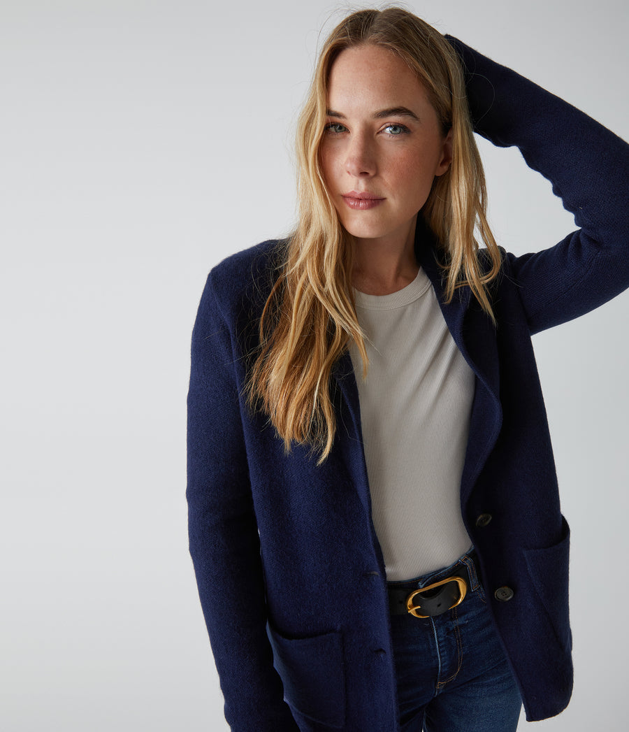 Diana Sweater Blazer in Nocturnal Blue Close Up View #NOCTURNAL