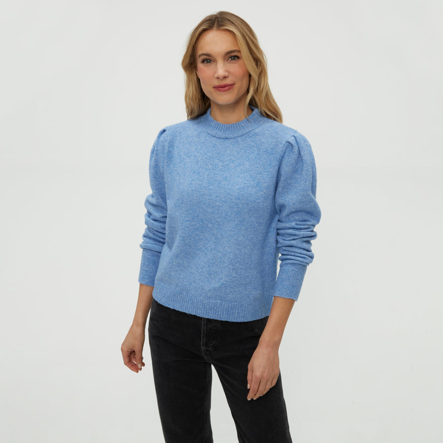 Genova Puff Sleeve Pullover in Breeze Blue Close up View #BREEZE