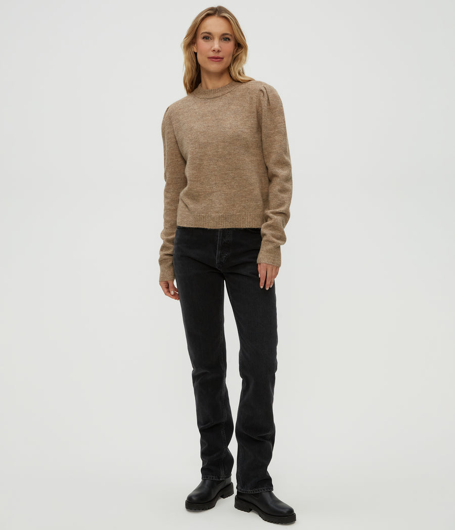 Genova Puff Sleeve Pullover in Dark Oatmeal Beige Full Body View #DARK OATMEAL