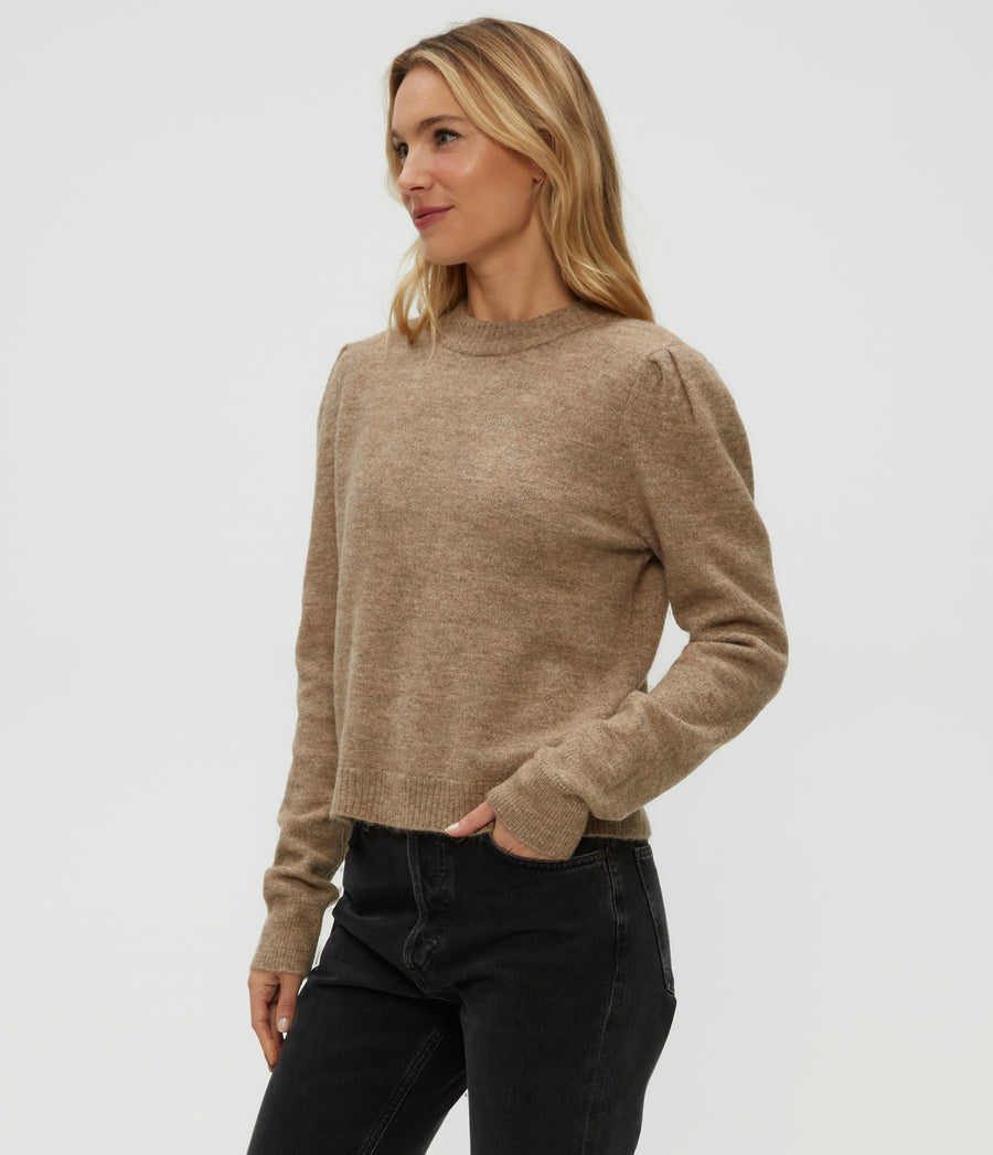 Genova Puff Sleeve Pullover in Dark Oatmeal Beige Side View #DARK OATMEAL