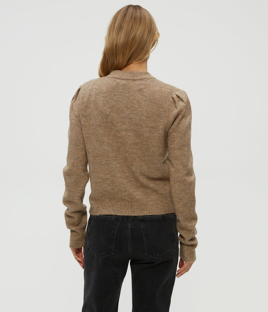 Genova Puff Sleeve Pullover in Dark Oatmeal Beige Back View #DARK OATMEAL