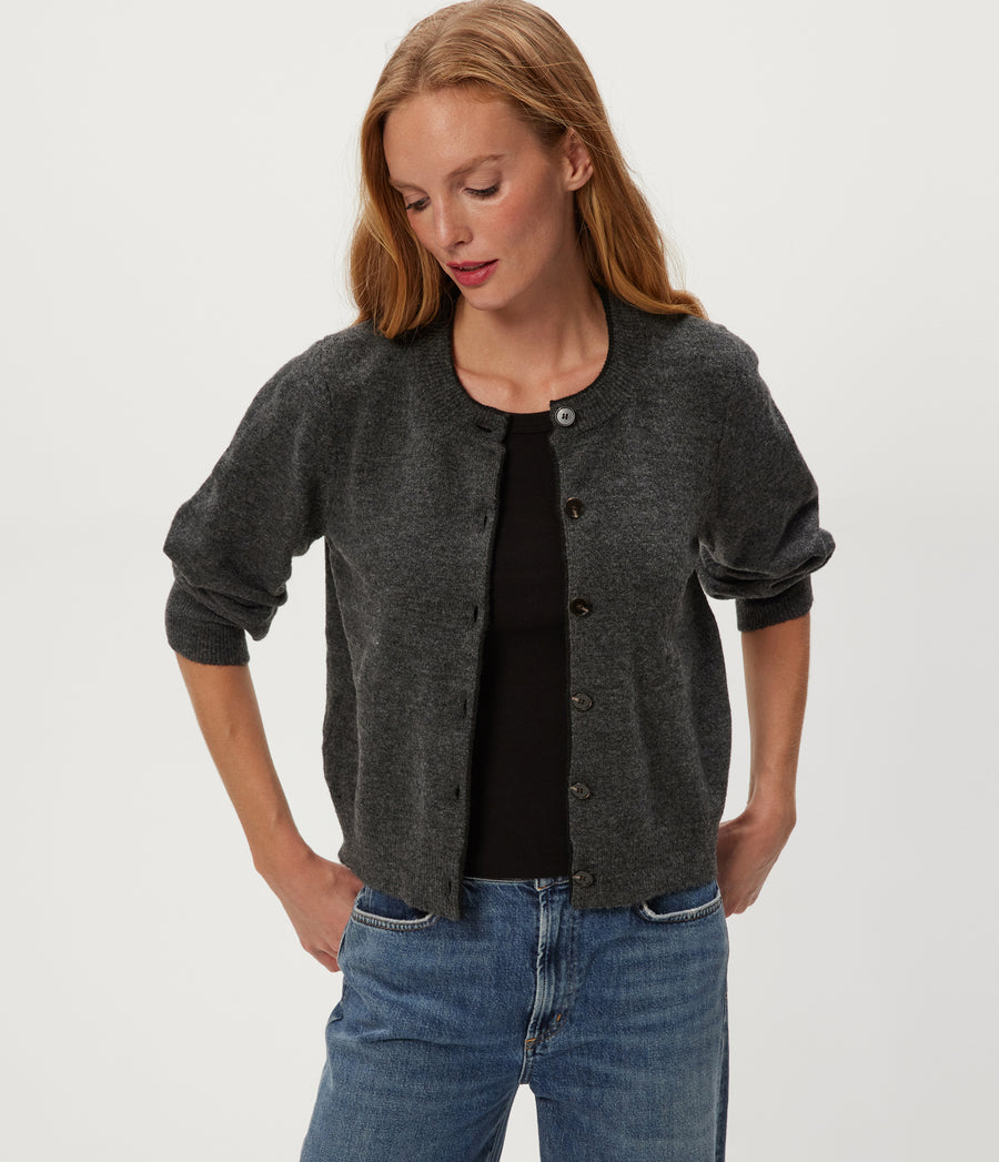 Parson Crewneck Cardigan in Charcoal Grey Side View #CHARCOAL