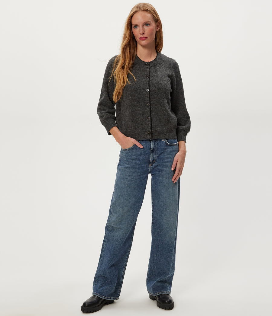 Parson Crewneck Cardigan in Charcoal Grey Full Body View #CHARCOAL