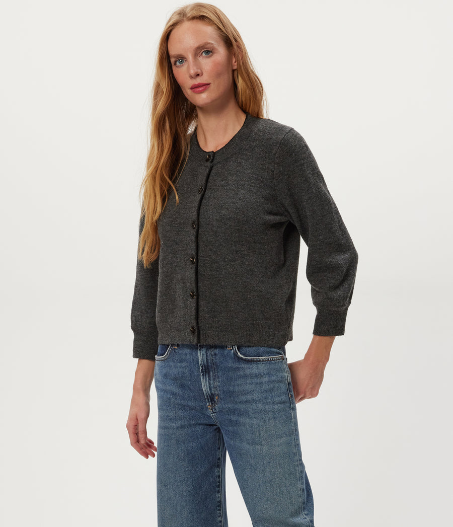 Parson Crewneck Cardigan in Charcoal Grey Close up View #CHARCOAL