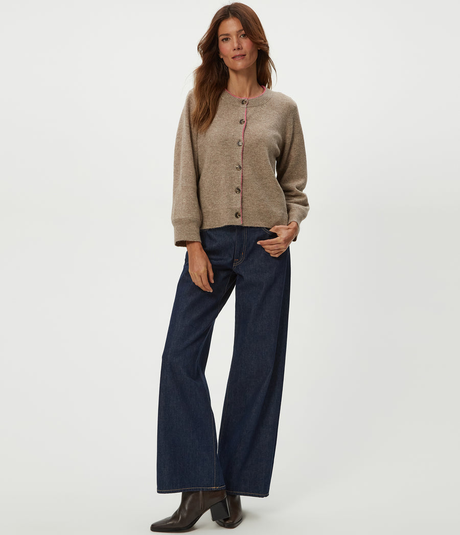 Parson Crewneck Cardigan in Dark Oatmeal Beige Full Body View #DARK OATMEAL