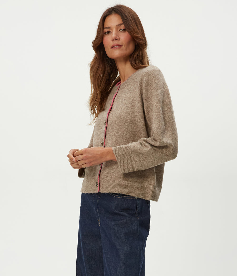 Parson Crewneck Cardigan in Dark Oatmeal Beige Side View #DARK OATMEAL