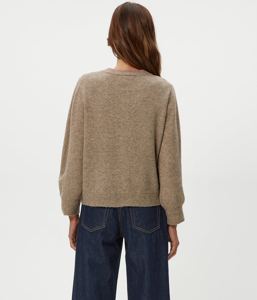 Parson Crewneck Cardigan in Dark Oatmeal Beige Back View #DARK OATMEAL