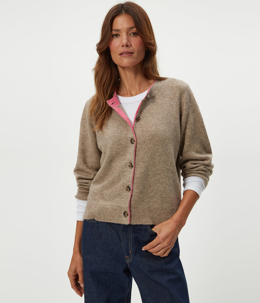 Parson Crewneck Cardigan in Dark Oatmeal Beige Close Up View #DARK OATMEAL