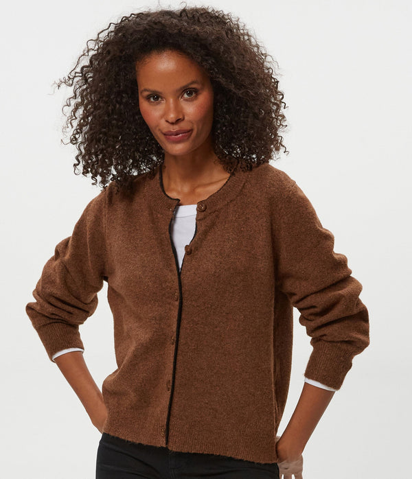 Parson Crewneck Cardigan in ESPRESSO Brown Close Up View #ESPRESSO
