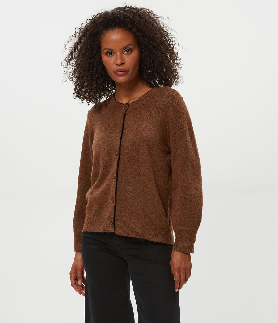 Parson Crewneck Cardigan in ESPRESSO Brown Full Body View #ESPRESSO