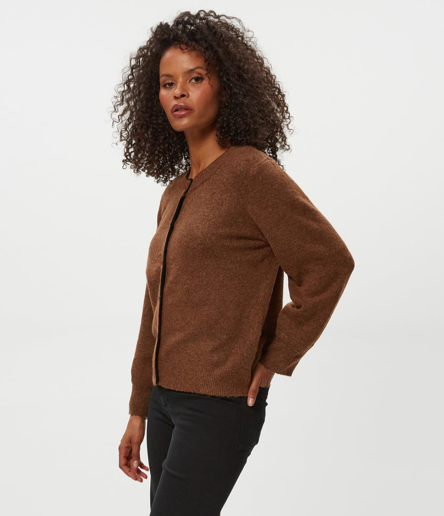 Parson Crewneck Cardigan in ESPRESSO Brown Side View #ESPRESSO