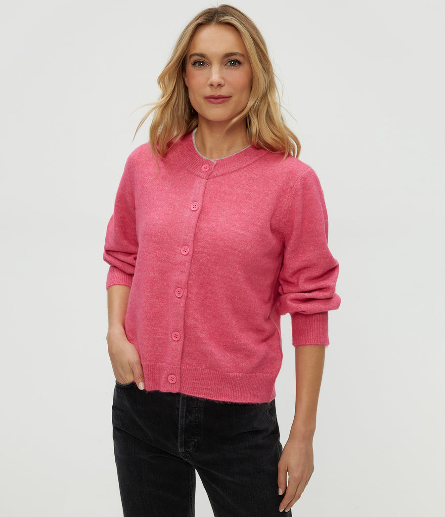 Parson Crewneck Cardigan in TAFFY Pink Close Up View #TAFFY