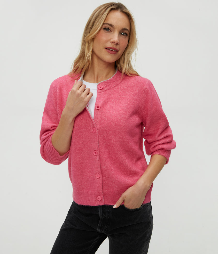 Parson Crewneck Cardigan in TAFFY Pink Full Body View #TAFFY