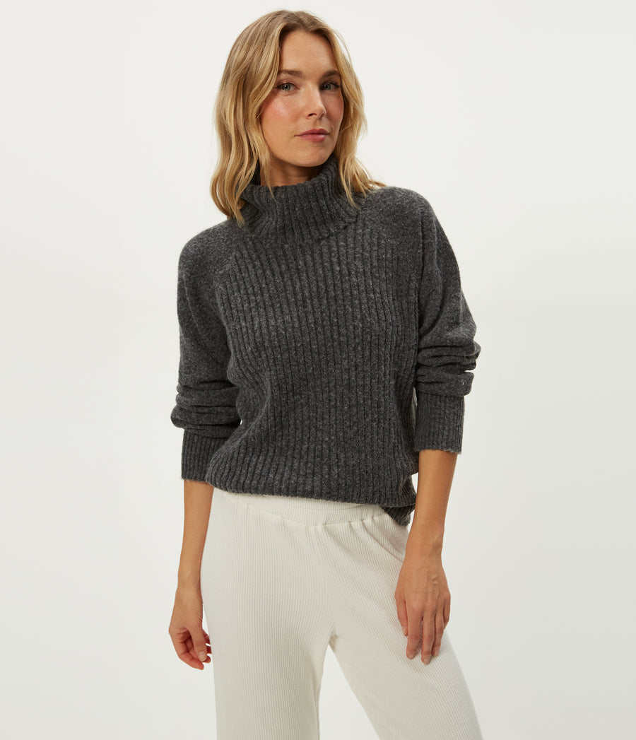 Storm Turtleneck Sweater in Charcoal Grey Close up View #CHARCOAL