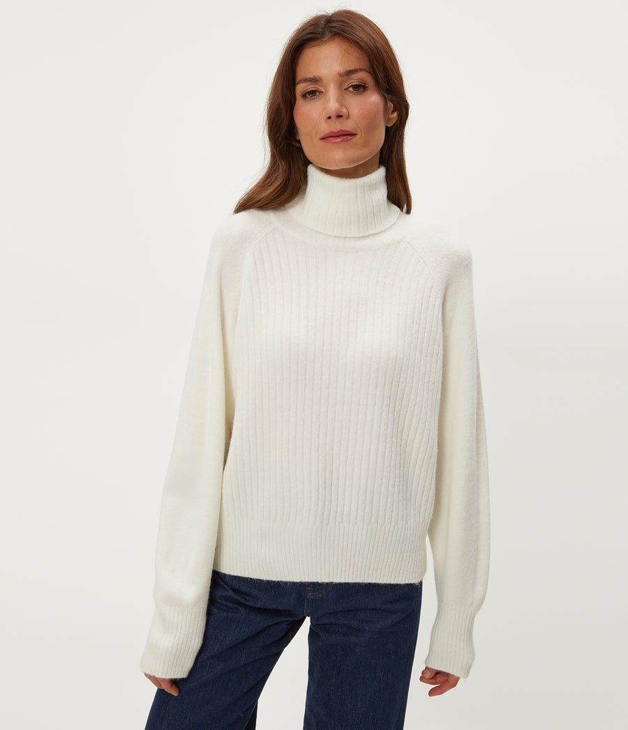 Storm Turtleneck Sweater in Ivory White Close up View #IVORY