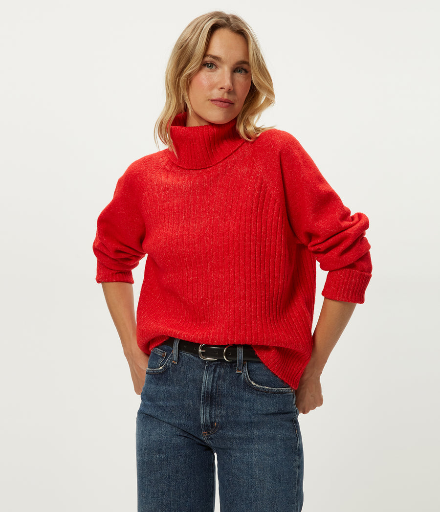 Storm Turtleneck Sweater in POPPY RED Close up View #POPPY