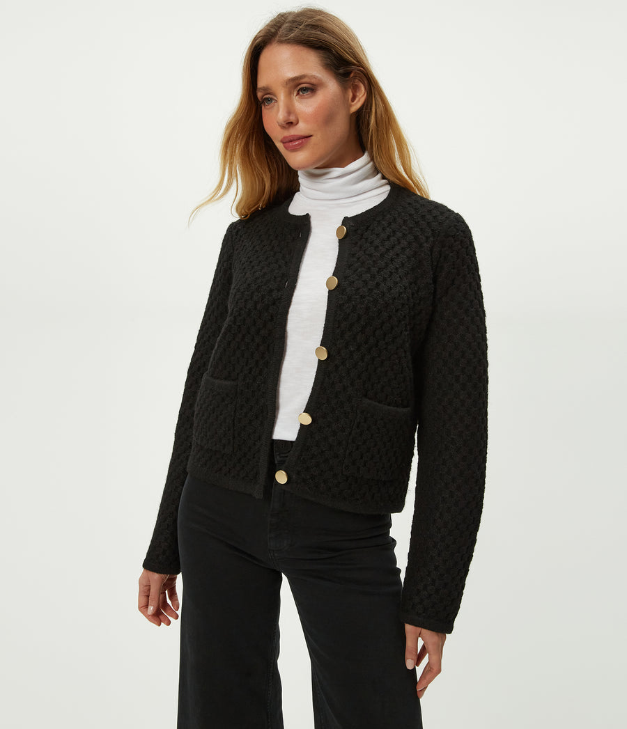 Cera Honeycomb Stitch Cardigan in Black Side View #BLACK