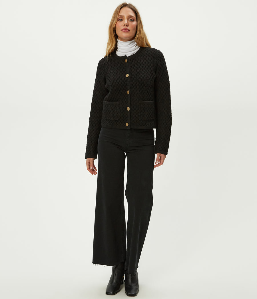 Cera Honeycomb Stitch Cardigan in Black Full Body View #BLACK