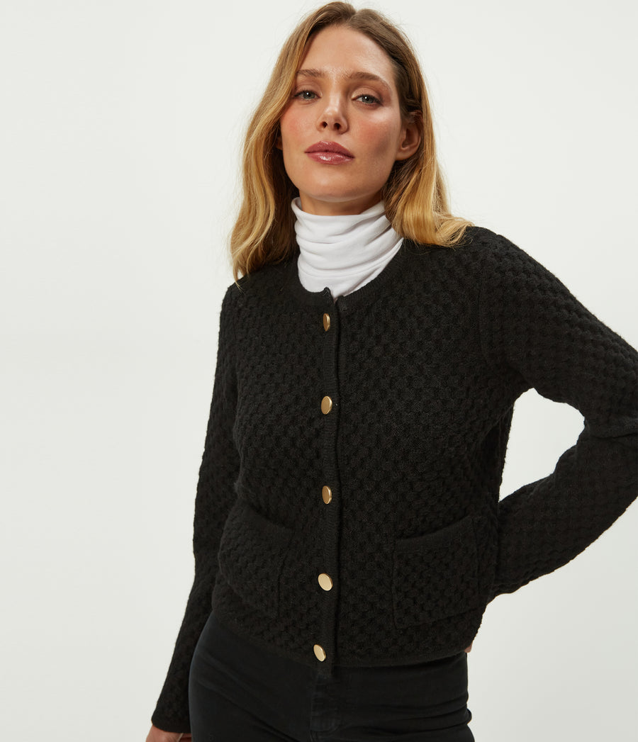 Cera Honeycomb Stitch Cardigan in Black Close up View #BLACK