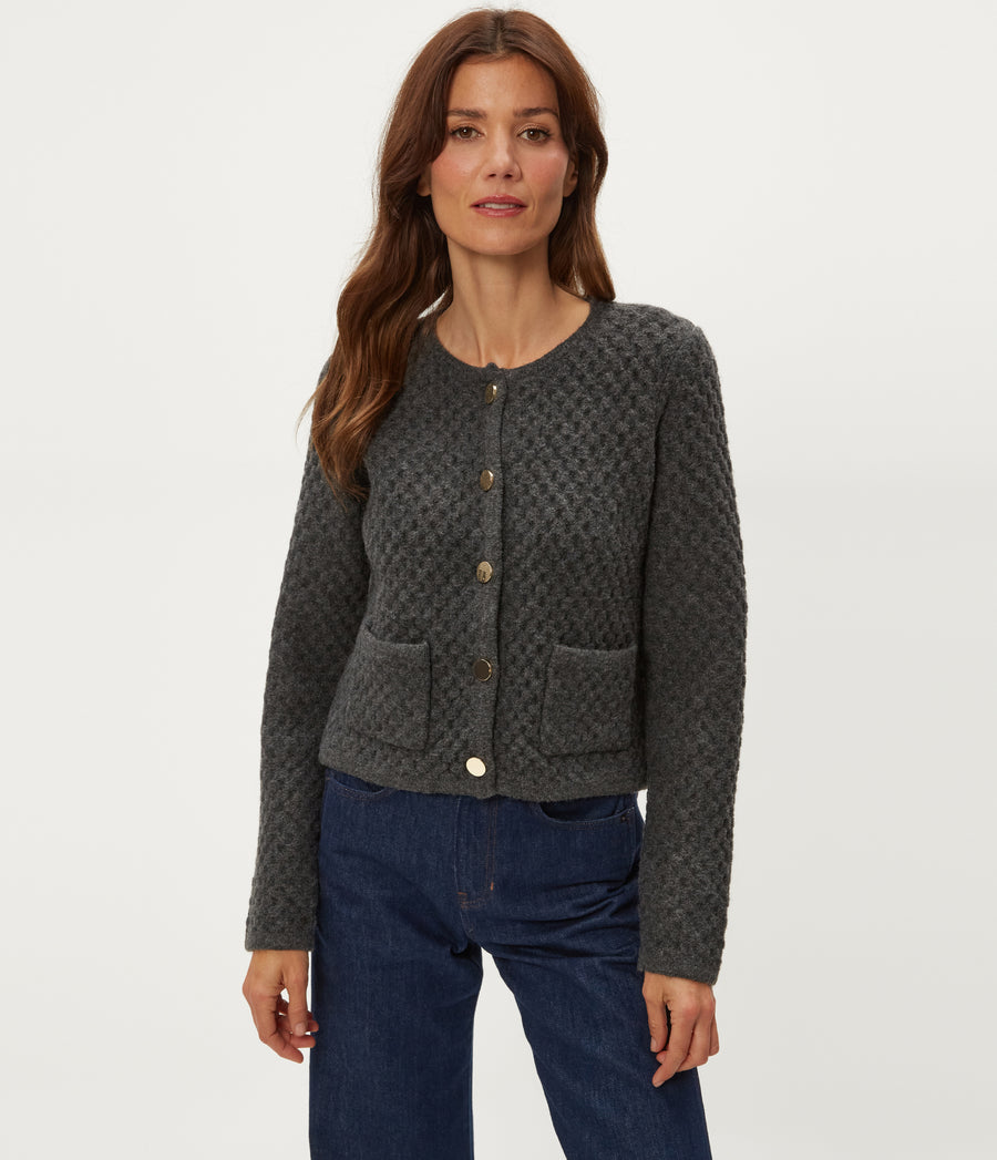 Cera Honeycomb Stitch Cardigan in Charcoal Grey Close up View #CHARCOAL