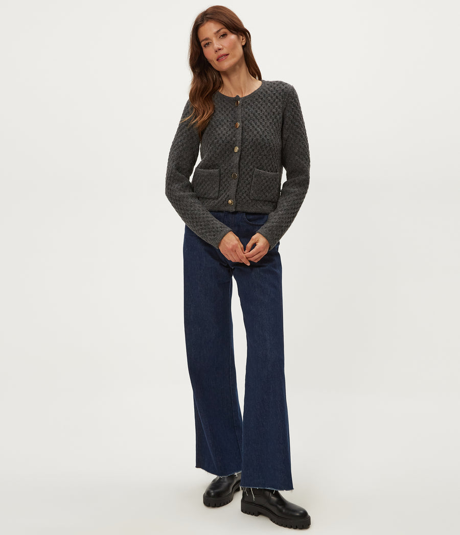Cera Honeycomb Stitch Cardigan in Charcoal Grey Full Body View #CHARCOAL