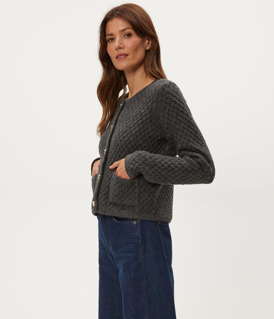 Cera Honeycomb Stitch Cardigan in Charcoal Grey Side View #CHARCOAL