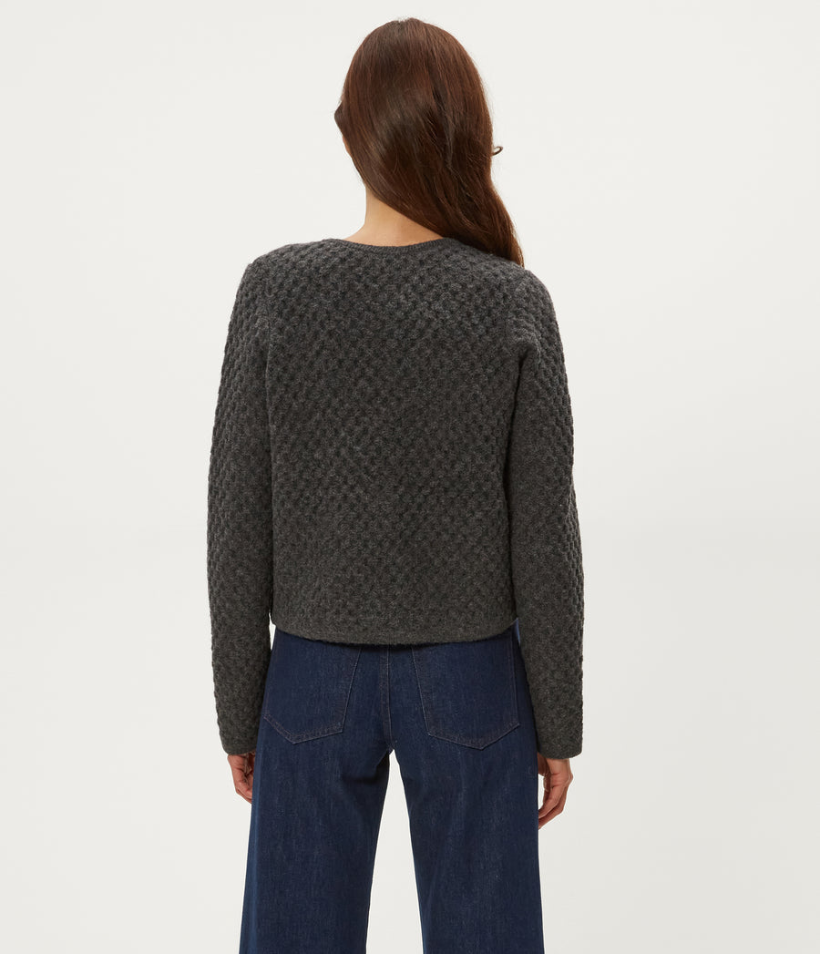 Cera Honeycomb Stitch Cardigan in Charcoal Grey Back View #CHARCOAL